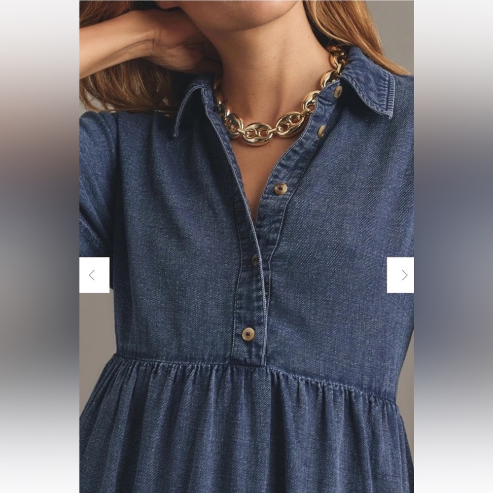 Anthropologie The Bettina Tiered Mini Shirt Dress Denim Button Pockets Blue - Picture 3 of 8